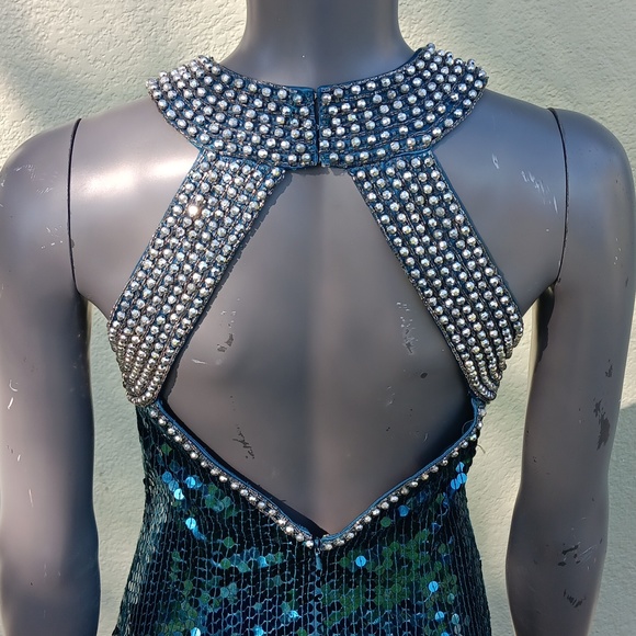 NITELINE by DELLA ROUFOGALI VINTAGE BLUE SEQUIN/STUDDED COLLAR COCKTAIL DRESS - Picture 9 of 17